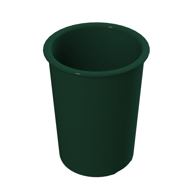 A dark green, cylindrical salad dressing crock with a smooth surface and slightly flared rim, shown on a white background. The cup is empty and viewed from a slightly elevated angle, revealing its interior. Ideal for cold holding applications.