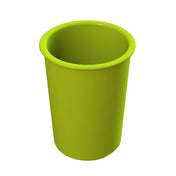 A plain, bright green plastic cup is shown against a white background, resembling a salad dressing crock. The cylindrical, smooth, and shiny cup has a slightly flared rim and no visible markings, viewed from above to show the inside.