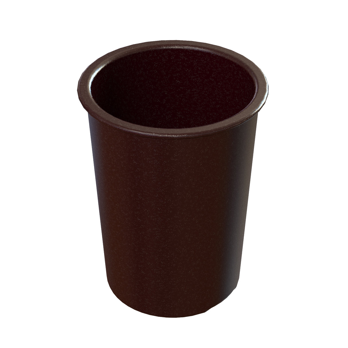 A simple, empty, cylindrical brown plastic Salad Dressing Crock is shown against a white background. The cup has a slightly flared rim and a smooth, glossy surface. The inside of the crock is also brown and visible due to the top-down angle.