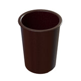 A simple, empty, cylindrical brown plastic Salad Dressing Crock is shown against a white background. The cup has a slightly flared rim and a smooth, glossy surface. The inside of the crock is also brown and visible due to the top-down angle.