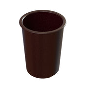 A simple, empty, cylindrical brown plastic Salad Dressing Crock is shown against a white background. The cup has a slightly flared rim and a smooth, glossy surface. The inside of the crock is also brown and visible due to the top-down angle.