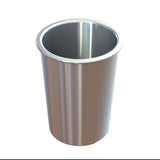 A shiny, metallic, cylindrical Salad Dressing Crock with smooth sides and a slightly rounded rim is shown on a white background. Its reflective surface suggests it's made of cast aluminum or stainless steel, ideal for cold holding. The cup is empty.