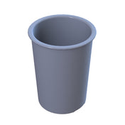 A plain, cylindrical grey plastic cup with smooth sides and a slightly flared rim is shown against a white background. Resembling a salad dressing crock, it features a shiny, reflective surface and no visible designs or markings.