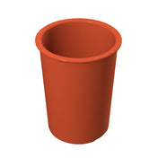 A plain, solid red plastic cup with a wide rim and smooth surface is shown against a white background, resembling a salad dressing crock often used for cold holding. The cup appears cylindrical and empty, viewed from a slightly elevated angle.