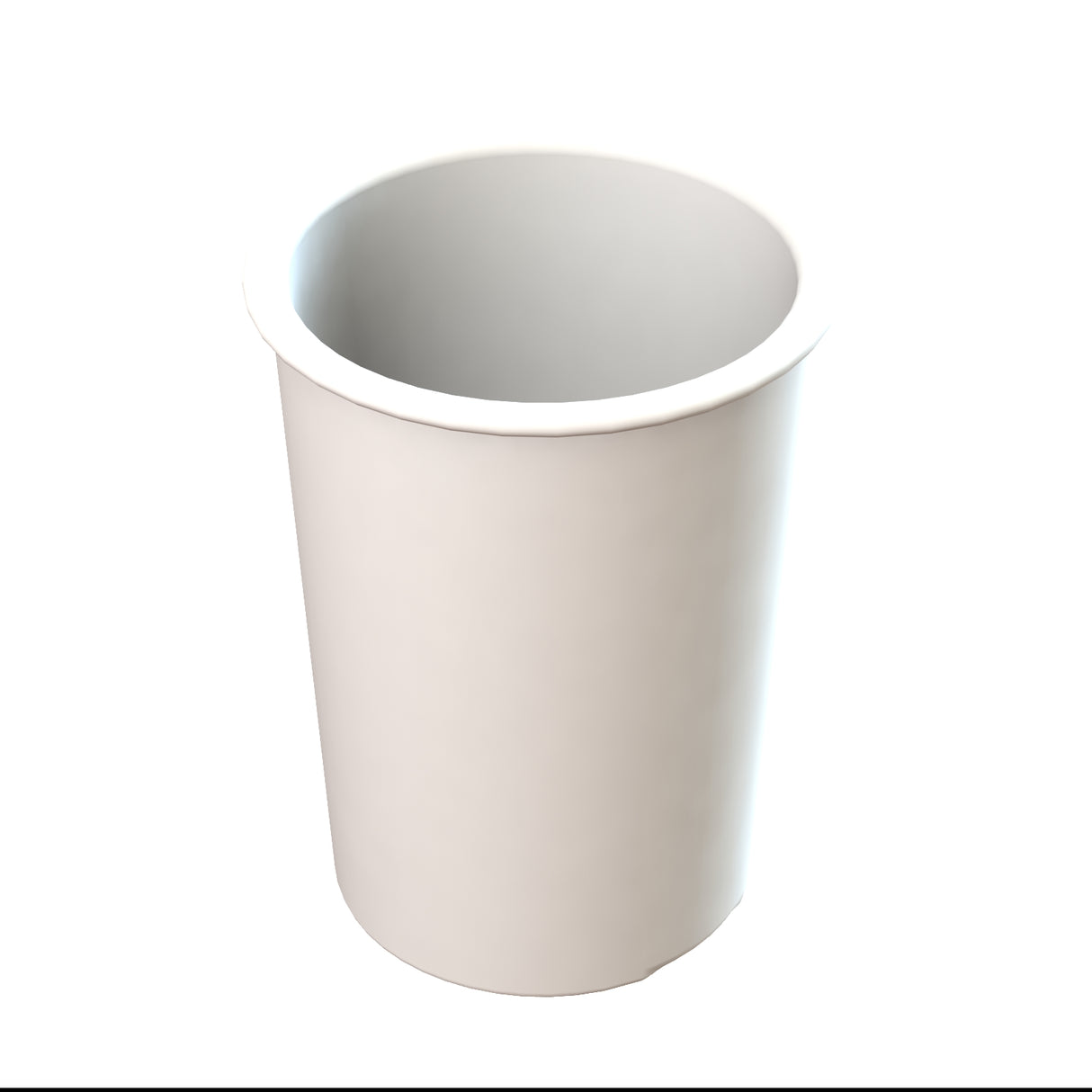 A plain, white, cylindrical paper cup, similar in shape to a Salad Dressing Crock or cold holding vessel, is shown against a white background. The empty cup, viewed from a high angle, reveals its interior and slightly flared rim.