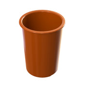 A plain, cylindrical, brown-orange plastic cup is shown standing upright on a white background. Reminiscent of a salad dressing crock, the cup features a smooth surface, slightly flared rim, and appears empty.