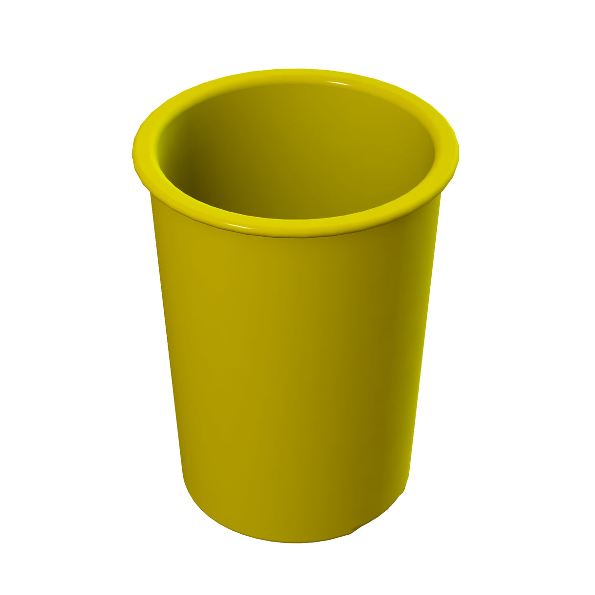 A simple, yellow, cylindrical plastic cup—ideal for cold holding—is shown on a plain white background. The cup is empty, with smooth sides and a rounded rim, viewed from a slightly elevated angle.