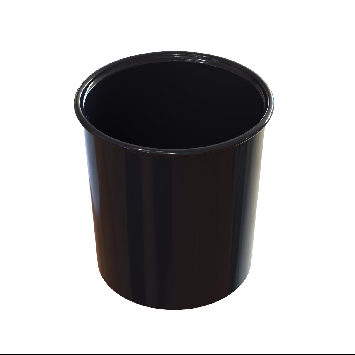 A black, cylindrical waste bin with a glossy finish, reminiscent of a cast aluminum salad dressing crock, is shown against a white background. The empty bin’s open top reveals its smooth inner surface from a slightly raised angle.