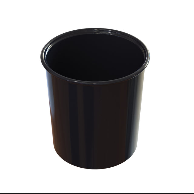 A black, cylindrical waste bin with a glossy finish, reminiscent of a cast aluminum salad dressing crock, is shown against a white background. The empty bin’s open top reveals its smooth inner surface from a slightly raised angle.