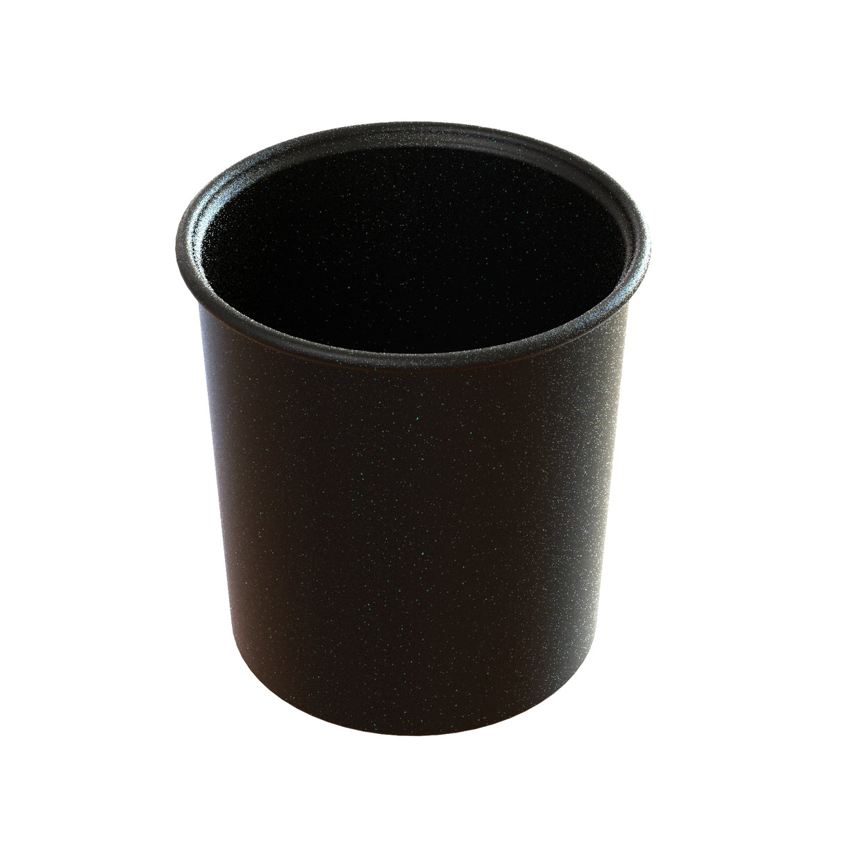 A black, cylindrical cast aluminum container with a slightly flared rim, shown against a white background. This Salad Dressing Crock has a smooth, matte finish with subtle speckled texture and is dishwasher safe.