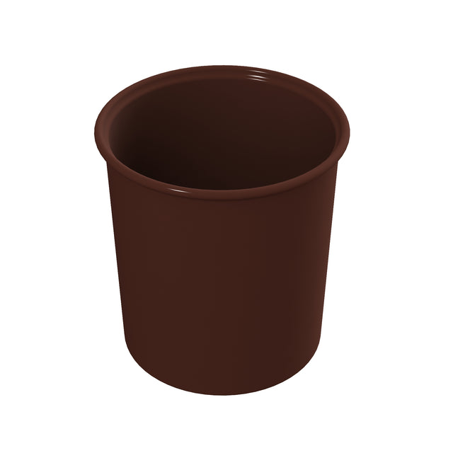 A simple, empty, dark brown cylindrical plastic cup is shown against a plain white background. The cup has a smooth surface, is dishwasher safe, features a slightly flared rim, and has no handle or decoration.