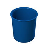 A blue plastic cup, dishwasher safe, sits on a white background.