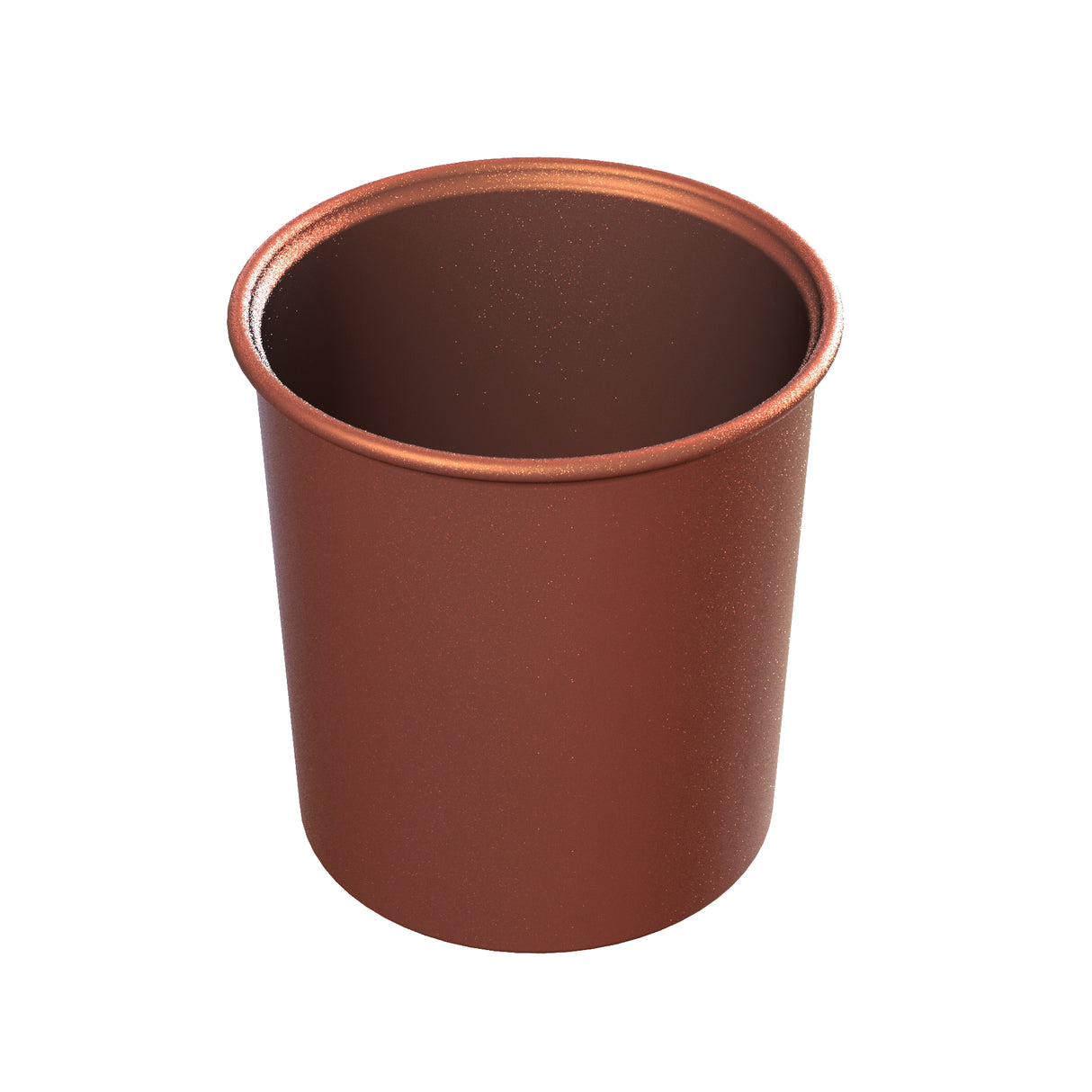 A brown, cylindrical metallic cup with a copper finish and an open top is shown against a white background. The Duracoat coated cast aluminum cup has smooth sides, a slight inner lip at the rim, and an unadorned brown interior—ideal as a salad dressing crock.