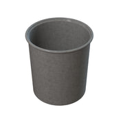 A gray, cylindrical, empty trash can made of smooth, slightly reflective cast aluminum sits on a white background. The rim is rounded, and the interior is visible, showing a seamless, simple design.