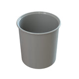 A plain, cylindrical, light gray salad dressing crock with a smooth, glossy finish and a slightly flared rim, shown on a white background. The container appears empty and is viewed from a slightly elevated angle.