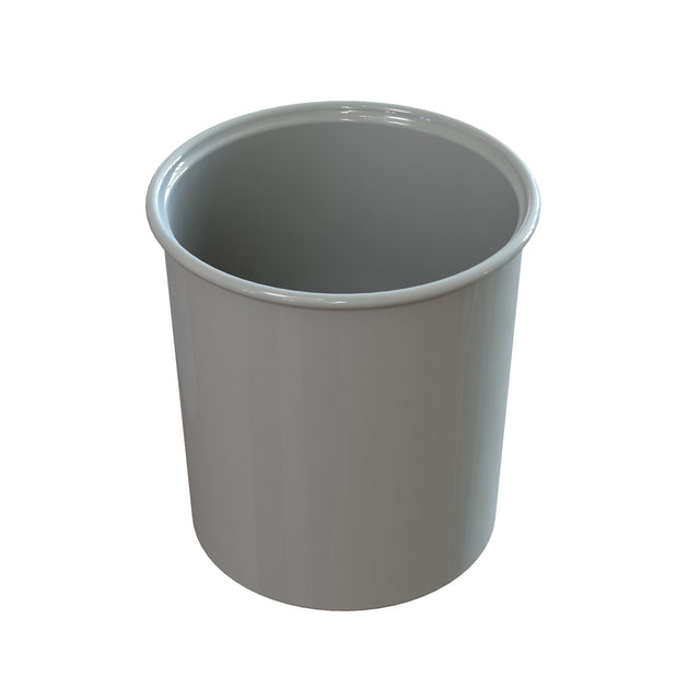 A plain, cylindrical, light gray salad dressing crock with a smooth, glossy finish and a slightly flared rim, shown on a white background. The container appears empty and is viewed from a slightly elevated angle.