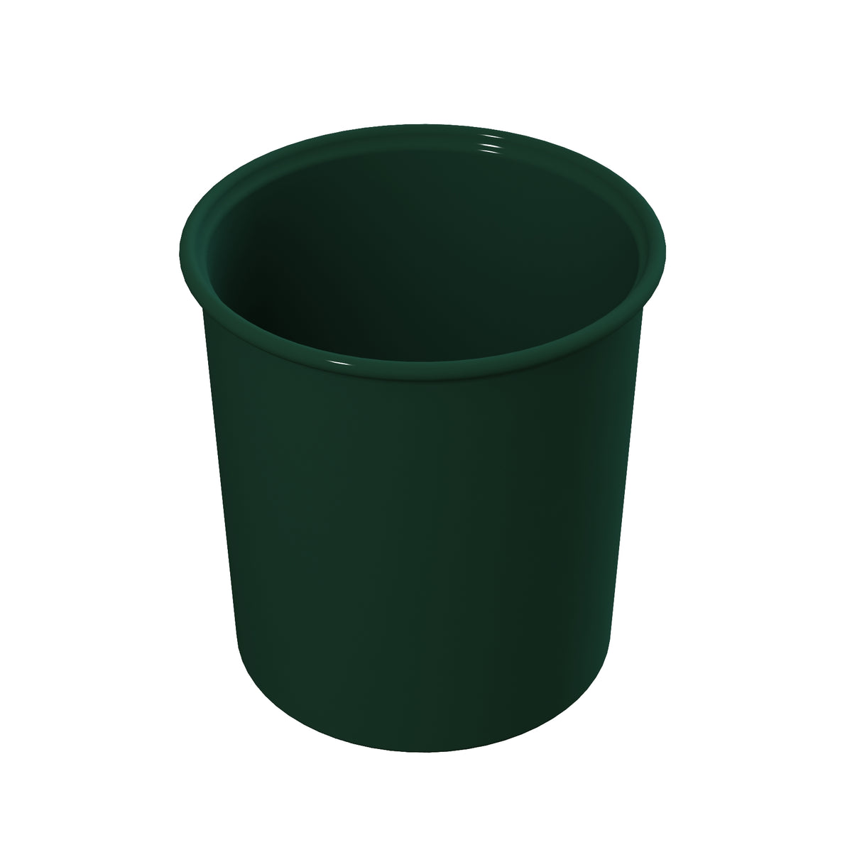 A dark green, cylindrical plastic plant pot with a wide rim at the top, shown against a white background. Its smooth, cast aluminum-like surface and even shape are clearly visible. The pot is empty, ready for planting or cold holding small items.