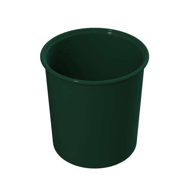 A dark green, cylindrical plastic plant pot with a wide rim at the top, shown against a white background. Its smooth, cast aluminum-like surface and even shape are clearly visible. The pot is empty, ready for planting or cold holding small items.
