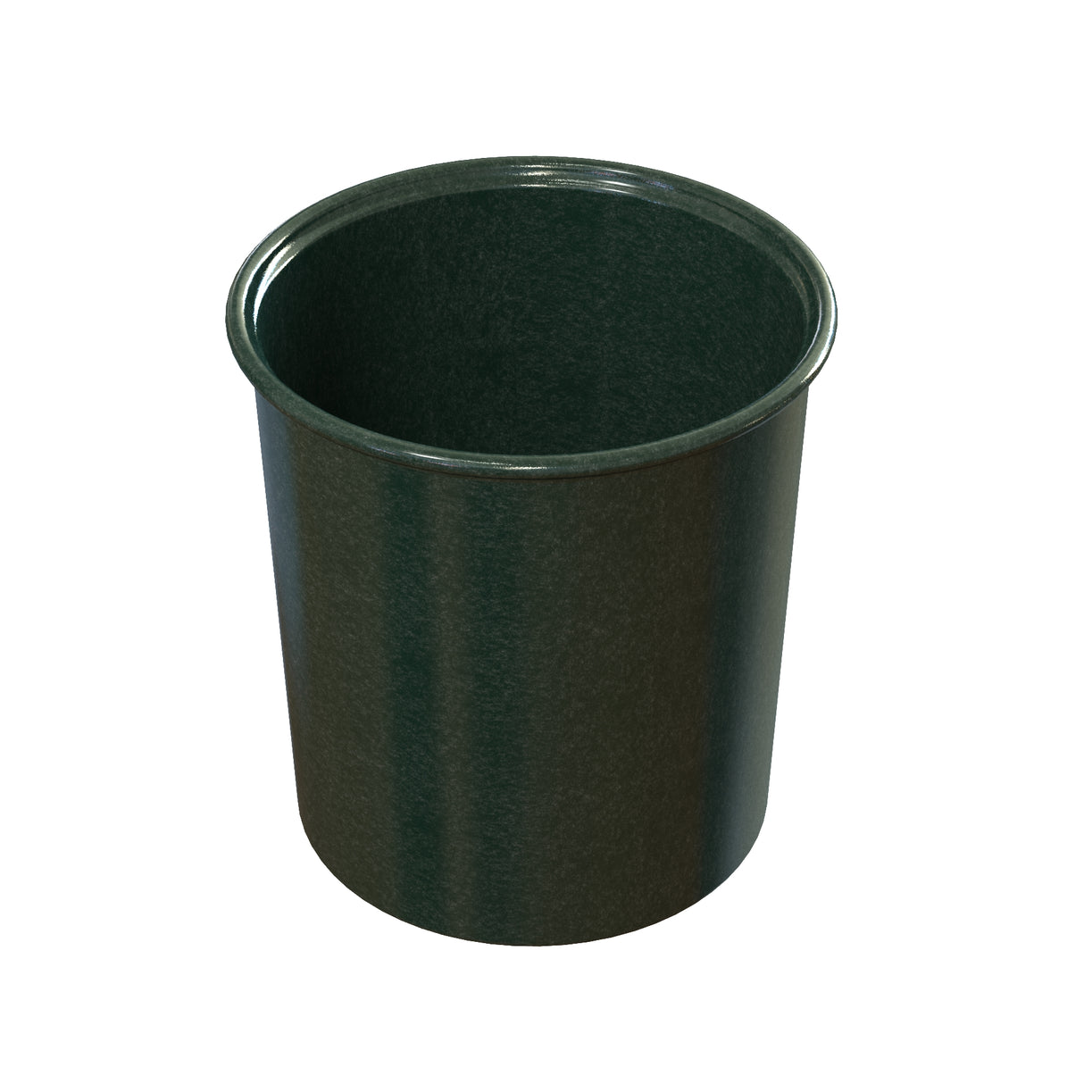 A dark green, cylindrical plastic plant pot with a wide open top and slightly tapered sides, set against a white background. The pot is empty, has a smooth, glossy surface, and resembles a classic salad dressing crock in shape.