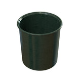 A dark green, cylindrical plastic plant pot with a wide open top and slightly tapered sides, set against a white background. The pot is empty, has a smooth, glossy surface, and resembles a classic salad dressing crock in shape.
