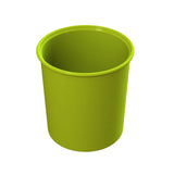 A bright green, cylindrical plastic cup for cold holding is shown on a white background. The cup is empty, viewed at a slight angle from above, revealing its round opening and simple design.