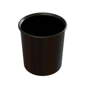 A black metal cup with a slightly flared rim, speckled with tiny white dots and a glossy finish, resembles traditional enamel camping cookware or a cast aluminum Salad Dressing Crock. It stands empty against a plain white background.
