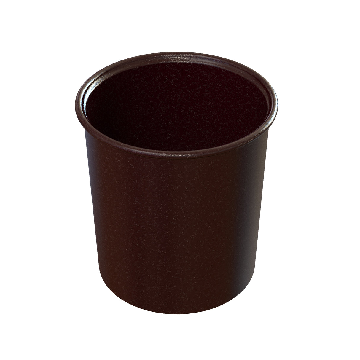 A dark brown, cylindrical, cast aluminum trash bin with a slightly flared rim. The bin is made of smooth material and is shown against a white background, viewed from a slight angle above, revealing its interior.