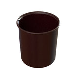 A dark brown, cylindrical, cast aluminum trash bin with a slightly flared rim. The bin is made of smooth material and is shown against a white background, viewed from a slight angle above, revealing its interior.