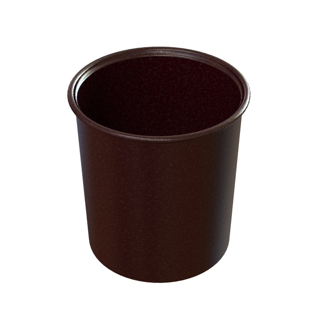 A dark brown, cylindrical, cast aluminum trash bin with a slightly flared rim. The bin is made of smooth material and is shown against a white background, viewed from a slight angle above, revealing its interior.