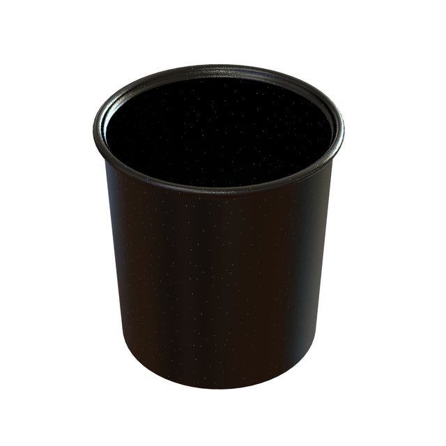 A black, cylindrical, cast aluminum cup with a slightly flared rim and a glossy, speckled finish, shown on a white background. The inside of the cup is also black and speckled, and the cup is empty.