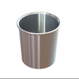 A shiny, metallic, cylindrical cast aluminum bucket with a smooth reflective surface and no handle, pictured on a white background. The rim is slightly rounded and the inside appears clean and empty, ideal for cold holding salad dressing or condiments.