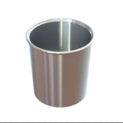 A shiny, metallic, cylindrical cast aluminum bucket with a smooth reflective surface and no handle, pictured on a white background. The rim is slightly rounded and the inside appears clean and empty, ideal for cold holding salad dressing or condiments.