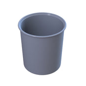 A plain, cylindrical, light gray plastic Salad Dressing Crock with a smooth surface and an open top, shown against a white background. The rim of this cold holding cup is slightly thicker and rounded.