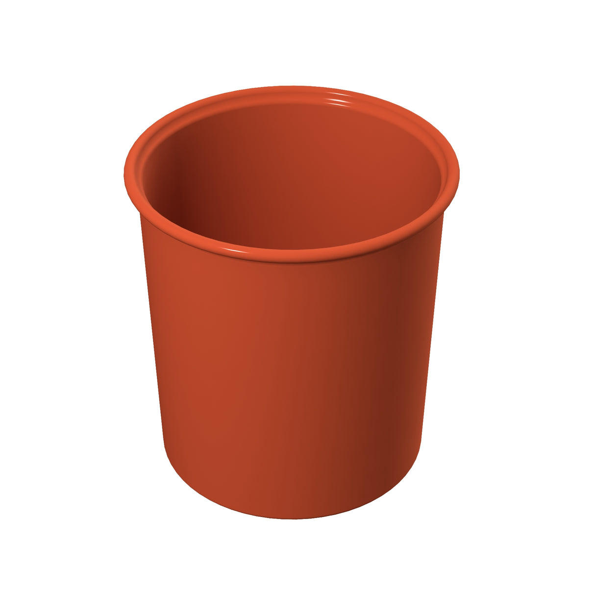 A plain, empty, round orange plastic cup, similar to a Salad Dressing Crock, is viewed from a slight angle above against a white background. The cup has a smooth surface and a slightly flared rim.