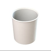 A plain, white, empty paper cup viewed from a high angle against a white background. The cup casts a faint, soft-edged shadow to its right, and its interior is visible—smooth and seamless like a dishwasher safe salad dressing crock.