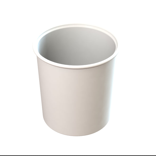 A plain, white, empty paper cup viewed from a high angle against a white background. The cup casts a faint, soft-edged shadow to its right, and its interior is visible—smooth and seamless like a dishwasher safe salad dressing crock.