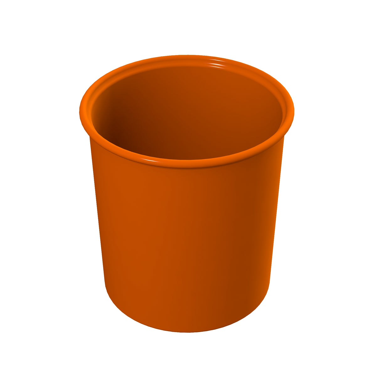 A plain orange plastic cup with smooth sides and a slightly rounded rim is shown against a white background. Dishwasher safe, the cup is empty and viewed from a slight angle, clearly displaying its circular opening and cylindrical shape.