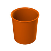 A plain orange plastic cup with smooth sides and a slightly rounded rim is shown against a white background. Dishwasher safe, the cup is empty and viewed from a slight angle, clearly displaying its circular opening and cylindrical shape.