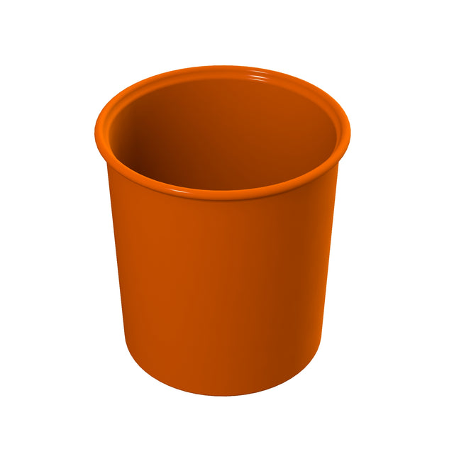 A plain orange plastic cup with smooth sides and a slightly rounded rim is shown against a white background. Dishwasher safe, the cup is empty and viewed from a slight angle, clearly displaying its circular opening and cylindrical shape.