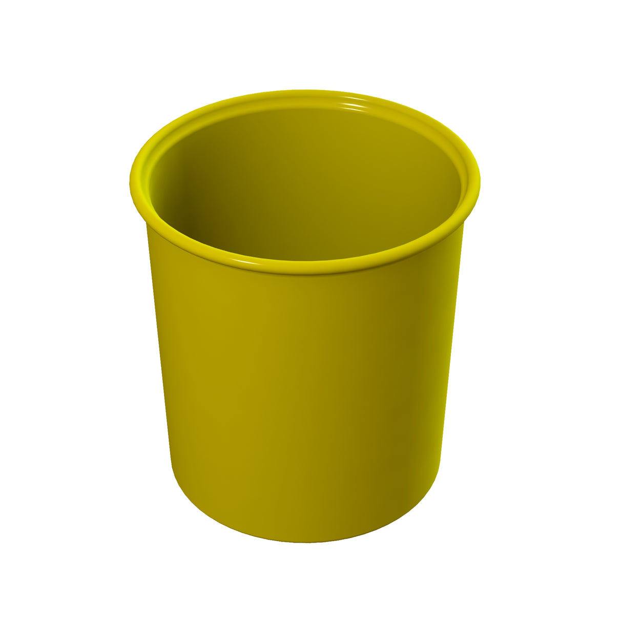A plain, cylindrical yellow plastic cup with smooth sides and a slightly rolled rim is centered on a white background. Reminiscent of a salad dressing crock, the cup appears empty and is viewed from a slight angle above.