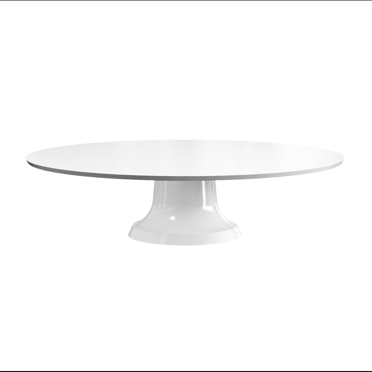 A simple, modern white cake stand crafted from Duracoat cast aluminum, featuring a wide, flat circular surface and sturdy round pedestal base, all set against a plain white background.