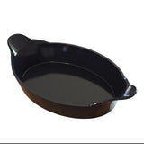 A glossy black oval Au Gratin baking dish with two small, textured handles on each end, shown empty against a plain white background. The cast aluminum construction features a shiny, smooth finish inside and out.