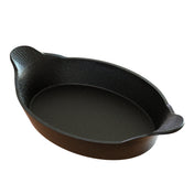 An empty black cast aluminum oval au gratin dish with a smooth, non-stick surface and two small, textured side handles, photographed on a white background. Durable and dishwasher safe, it’s ideal for baking or serving your favorite dishes.