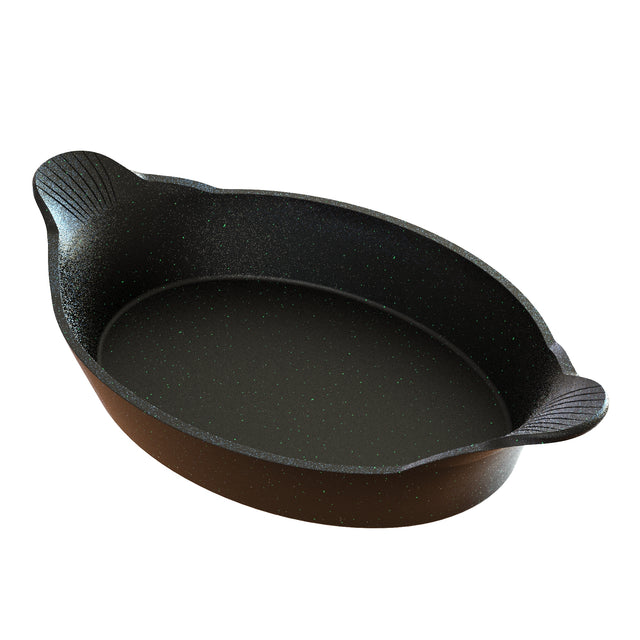 An empty black cast aluminum oval au gratin dish with a smooth, non-stick surface and two small, textured side handles, photographed on a white background. Durable and dishwasher safe, it’s ideal for baking or serving your favorite dishes.