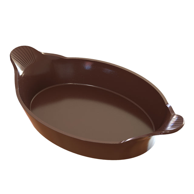 A brown, oval-shaped Au Gratin baking dish with a smooth interior and two short handles, each featuring a ridged design. Made of cast aluminum, the empty dish is set against a plain white background.