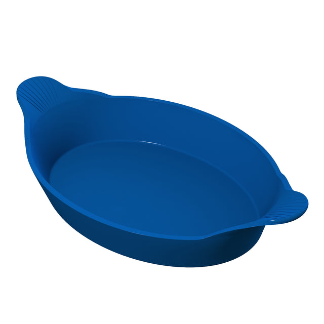 A blue, oval-shaped Au Gratin baking dish with two small, textured handles on opposite sides. Made from cast aluminum, it features a smooth interior and exterior, and is displayed against a plain white background.
