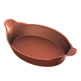 A brown, oval-shaped Au Gratin baking dish with two small, textured handles on opposite sides. The matte finish and smooth interior are ideal for baking or serving food, while the slightly curved handles have ridged detailing for grip.
