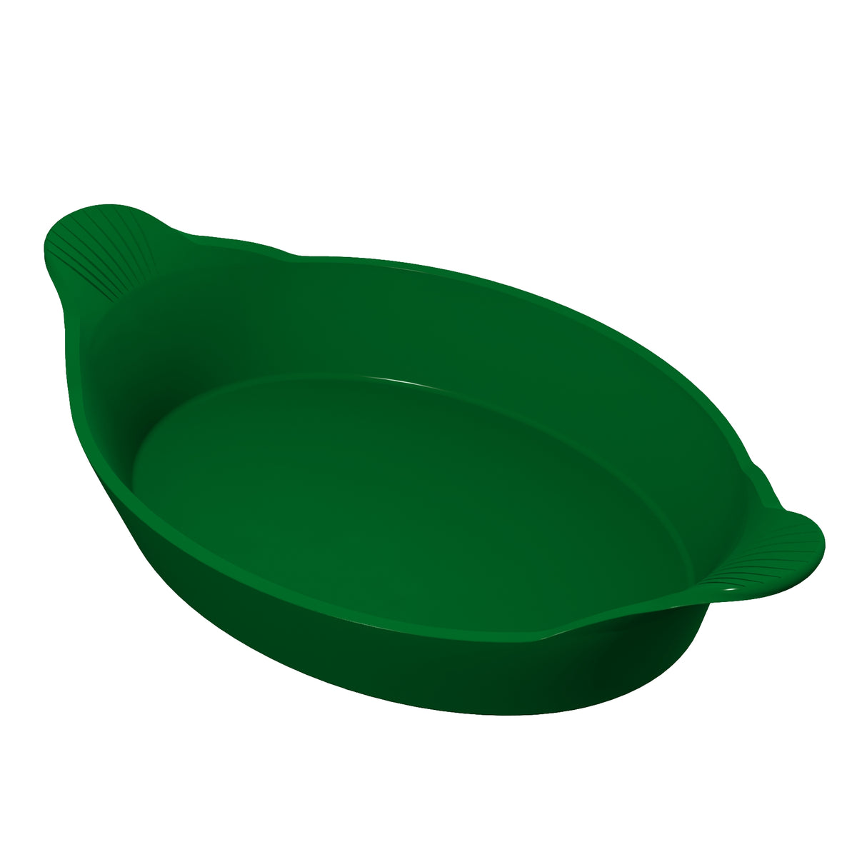A green, oval-shaped Au Gratin baking dish with two small handles on either end, featuring ridged details. The dish has a smooth interior and appears to be made of silicone or plastic. The background is plain white.