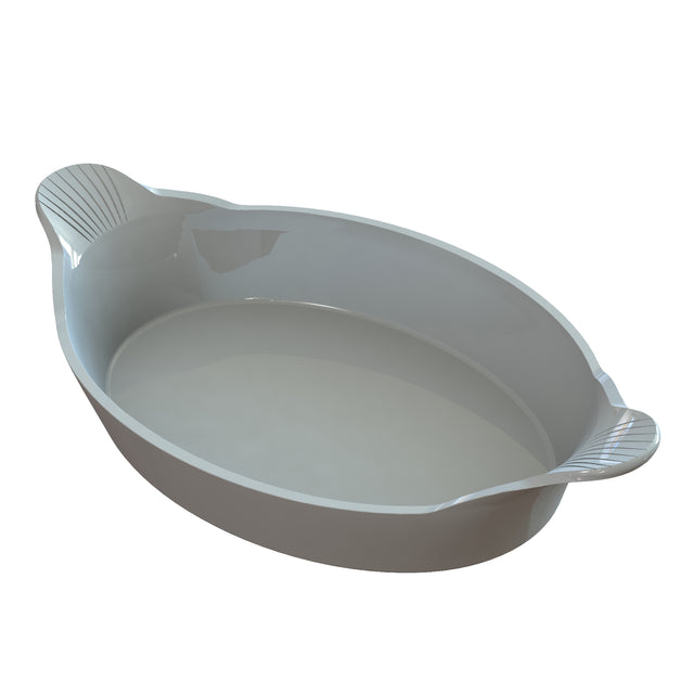 An oval-shaped, white ceramic au gratin baking dish with two small handles on each end. The handles have subtle ridged patterns, and the dish has a smooth, glossy finish. It is empty and shown on a white background.