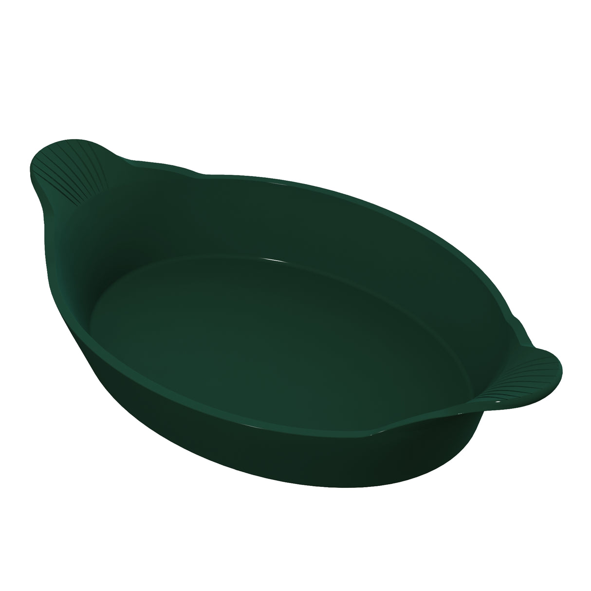 A dark green, oval-shaped silicone baking dish ideal for Au Gratin dishes, with two small handles featuring textured grooves on each end, placed against a plain white background. The dish has smooth sides and a matte finish.